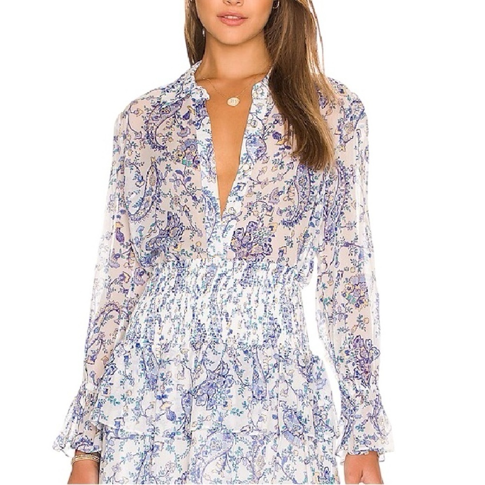 MILLY Lacey Sketched Paisley Button Front Blouse Shirt Size Small in White Multi